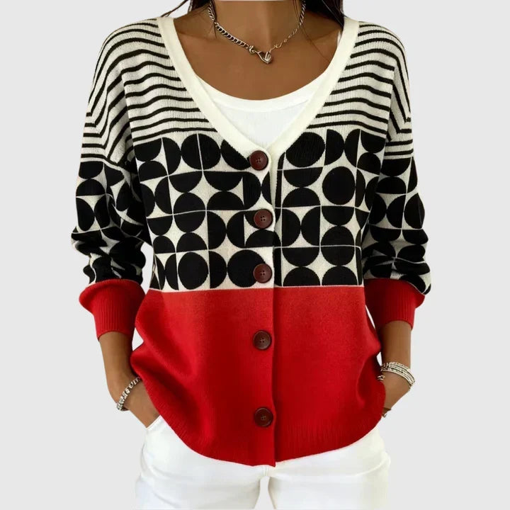 Jacqueline - Cardigan boutonné géométrique noir, blanc et rouge