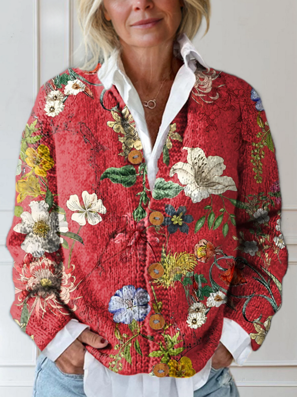 Cardigan Vintage à Imprimé Fleuri Boutonné