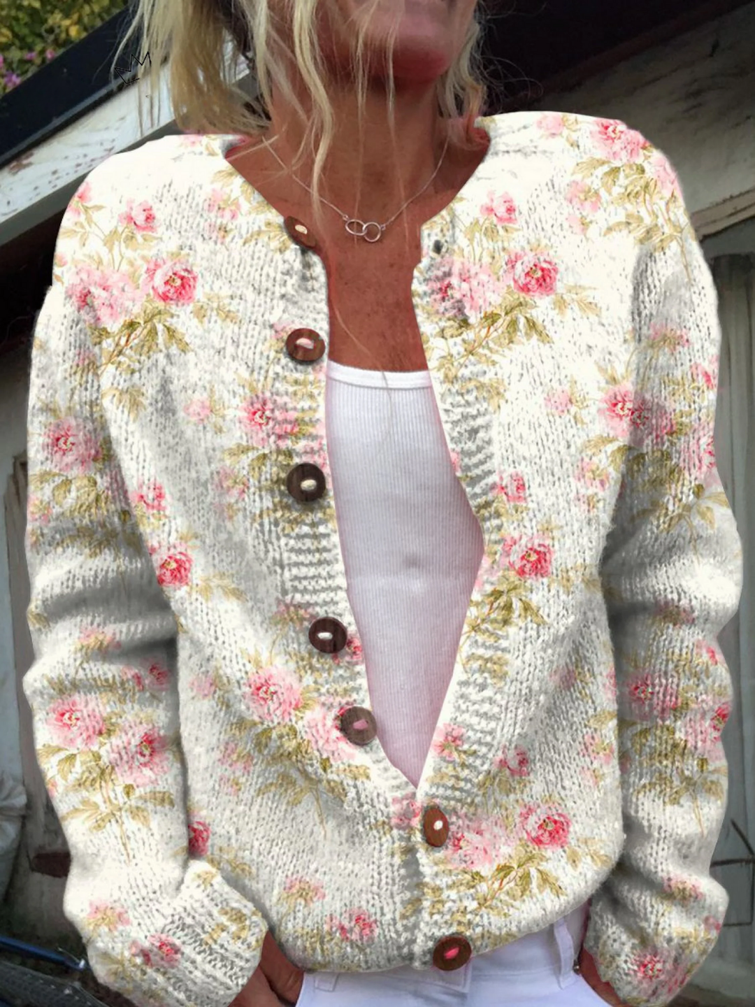 Cardigan Boutonné à Imprimé de Fleurs et de Feuilles