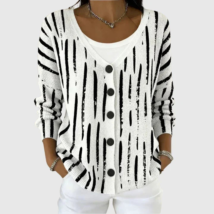 Clémence - Cardigan boutonné blanc à traits noirs