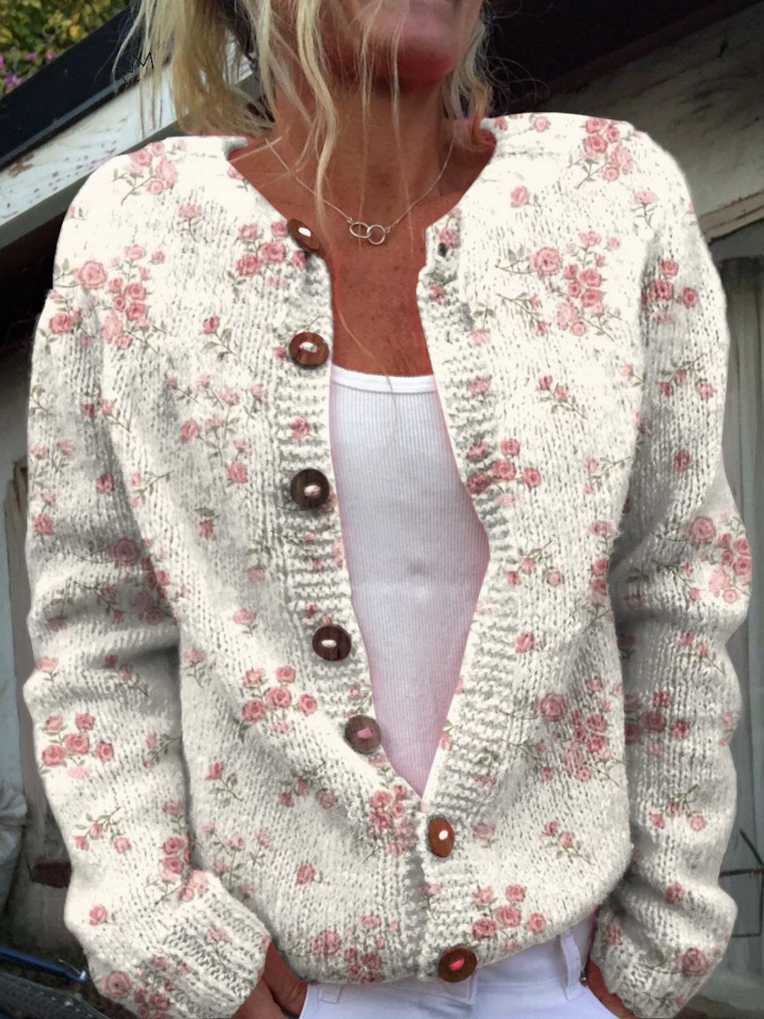 Cardigan Boutonné à Imprimé de Roses Lyserød