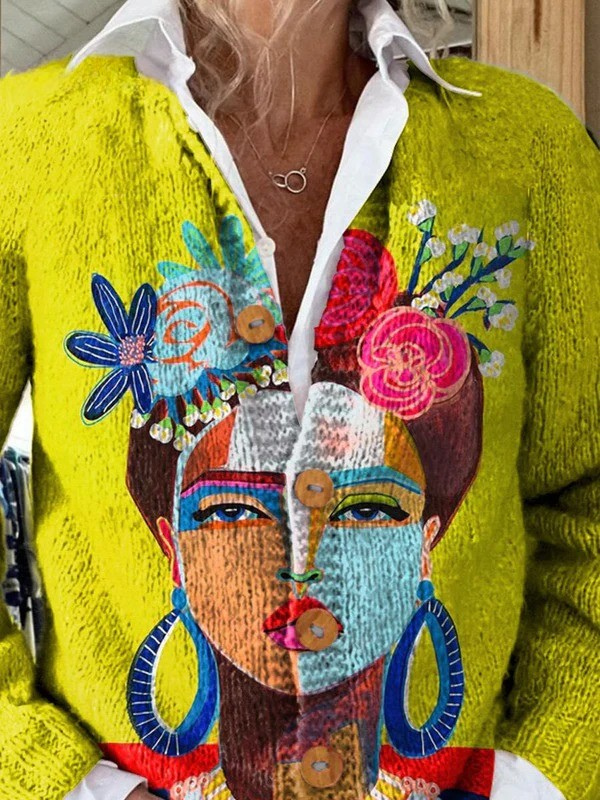 Cardigan Boutonné en Tricot Malet Portrait Art