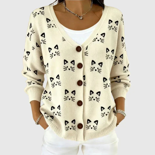 Océane - Cardigan boutonné crème à museaux de chats