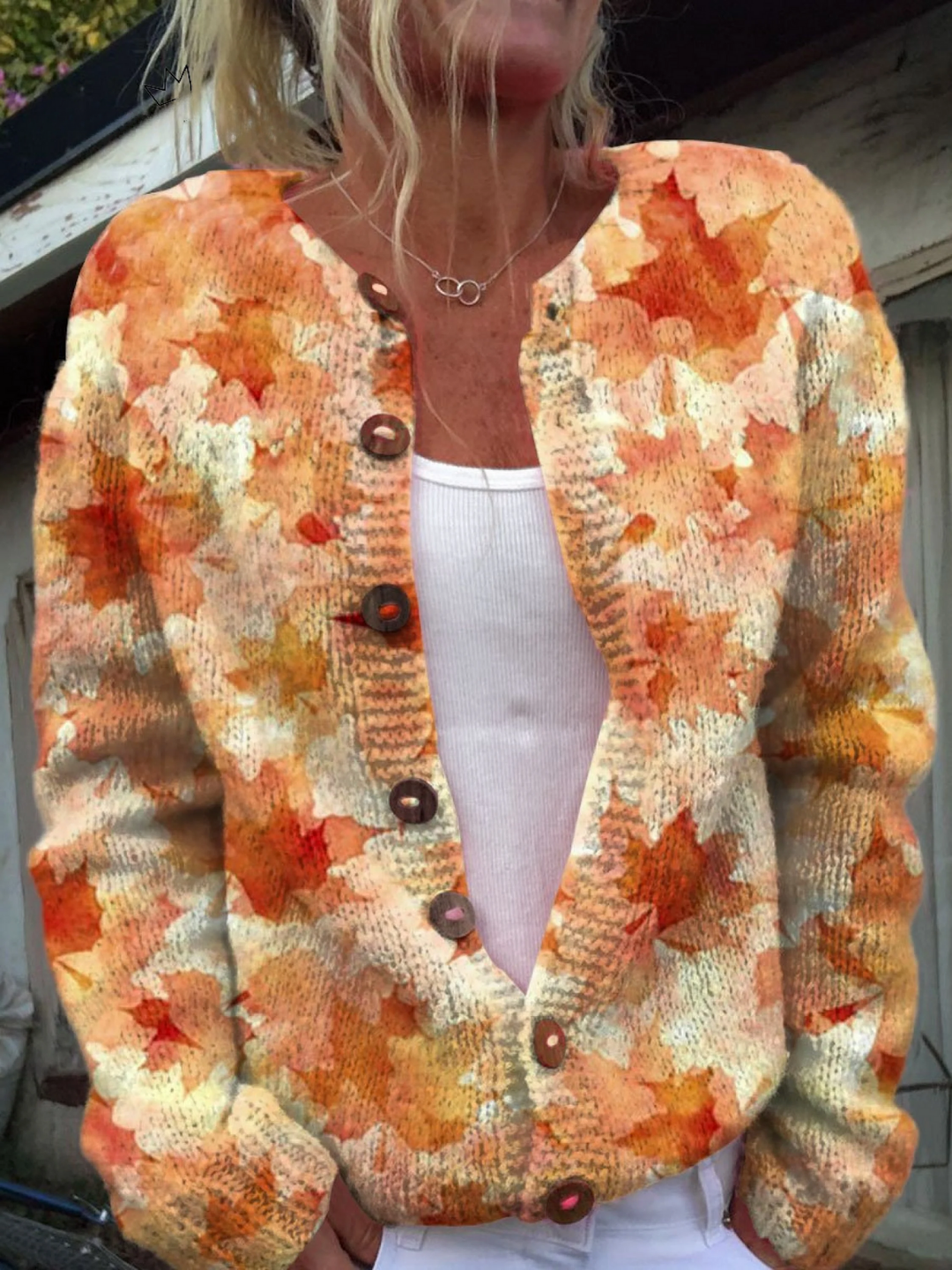 Cardigan Boutonné en Art Imprimé d'Automne en Feuille d'Érable