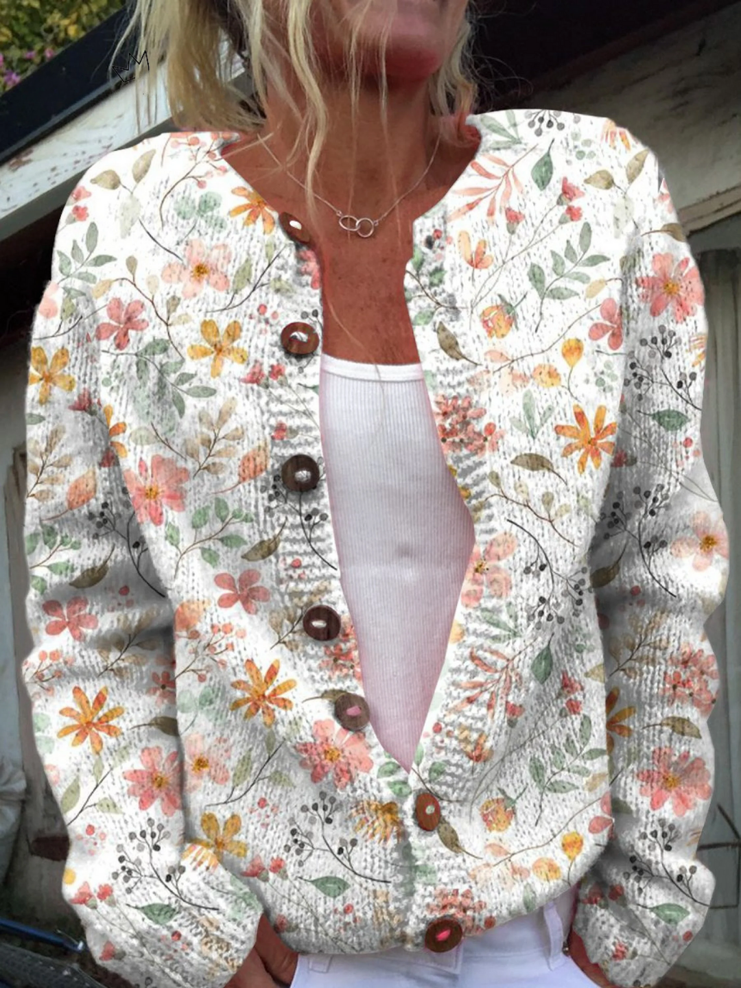 Cardigan Boutonné à Imprimé de Fleurs Fraîches