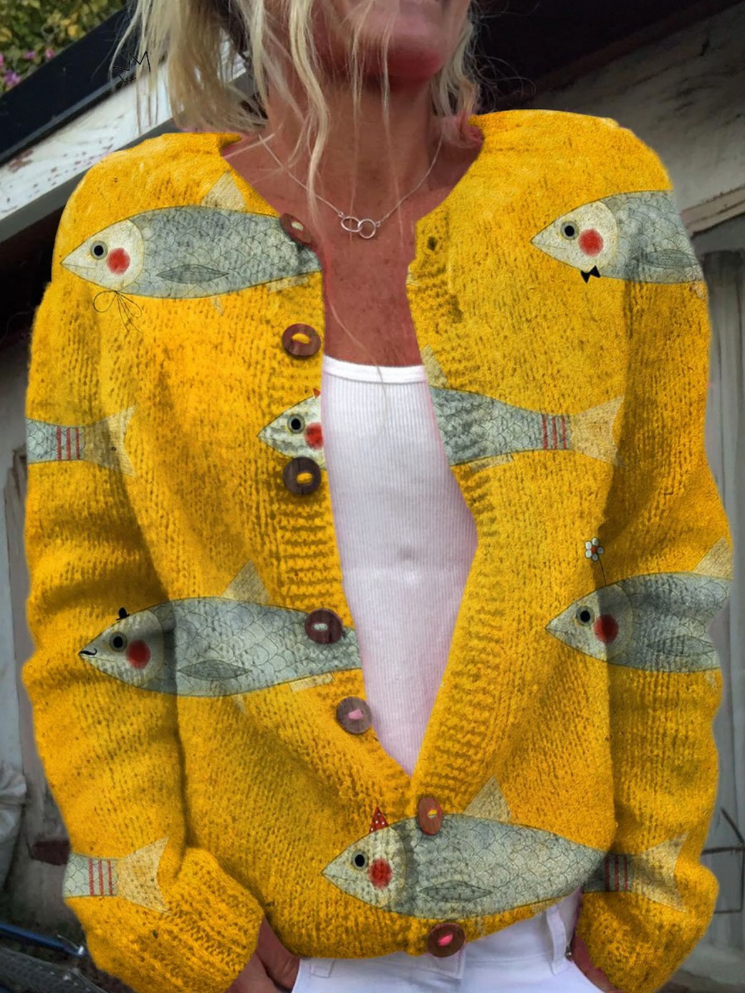 Cardigan Vintage Fisk Sardiner Imprimé