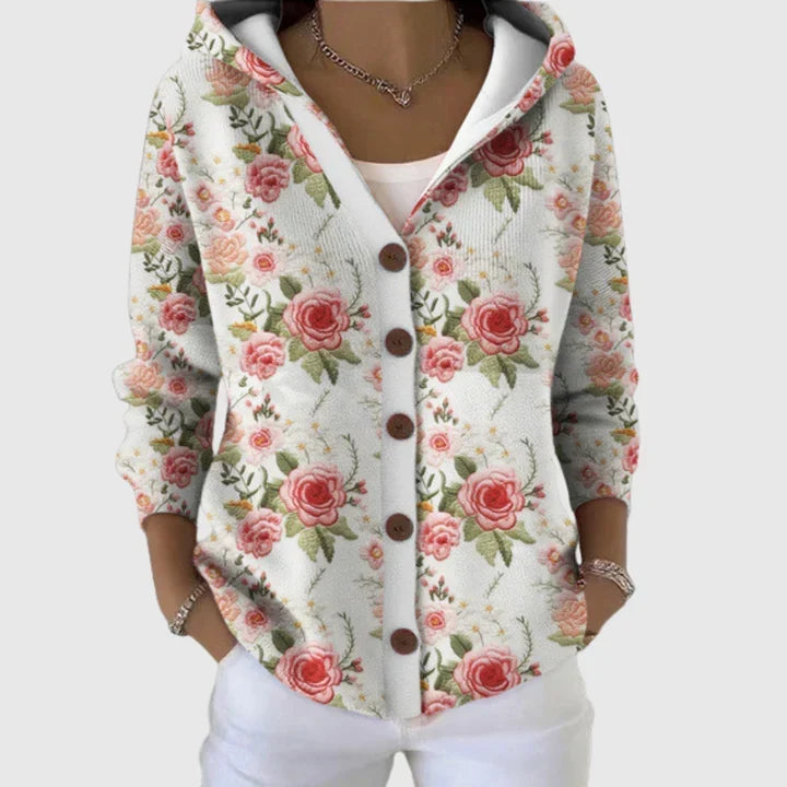 Rosalie - Cardigan à capuche crème à roses roses
