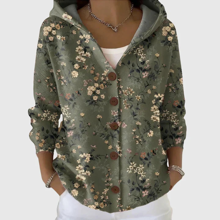 Solène - Cardigan à capuche kaki à petites fleurs