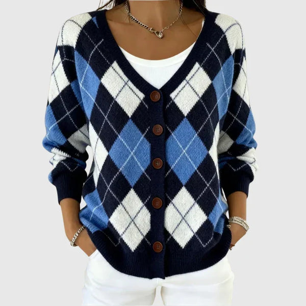 Mireille - Cardigan boutonné à motif argyle bleu