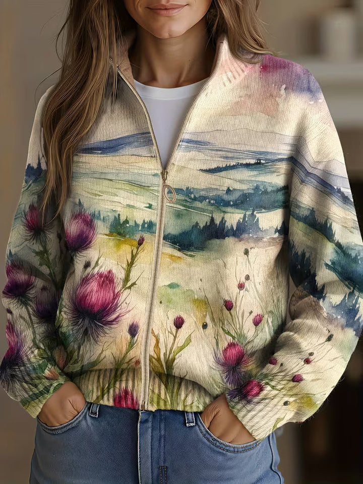 Céline - Cardigan zippé paysage de chardon écossais