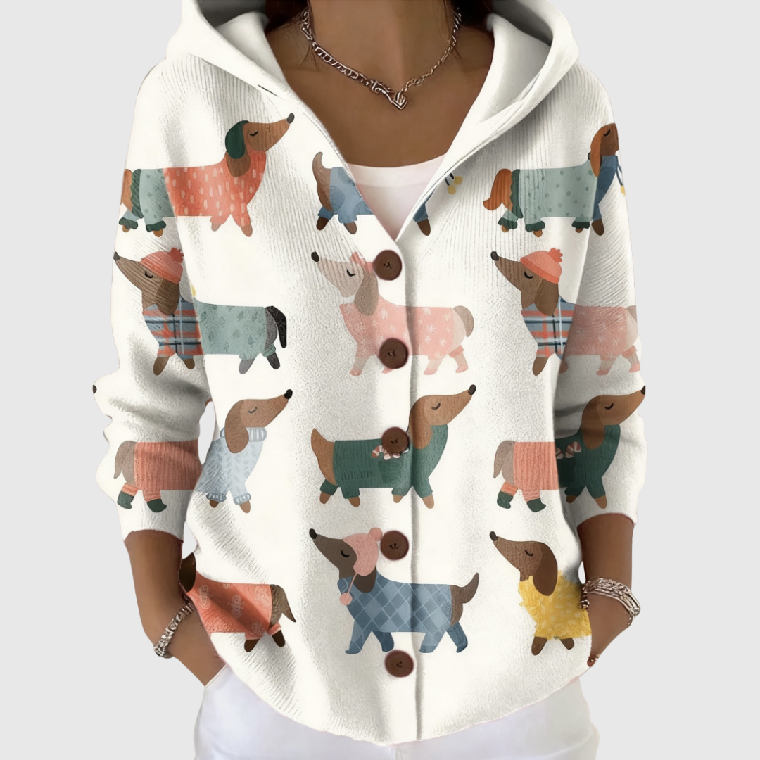 Delphine - Cardigan à capuche crème à teckels colorés