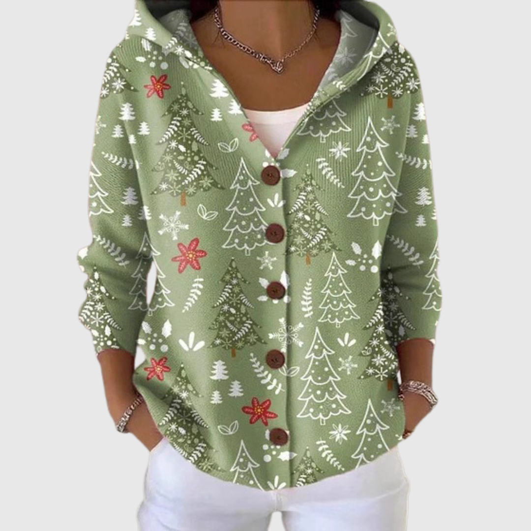 Ghislaine - Cardigan à capuche vert à sapins et fleurs de Noël