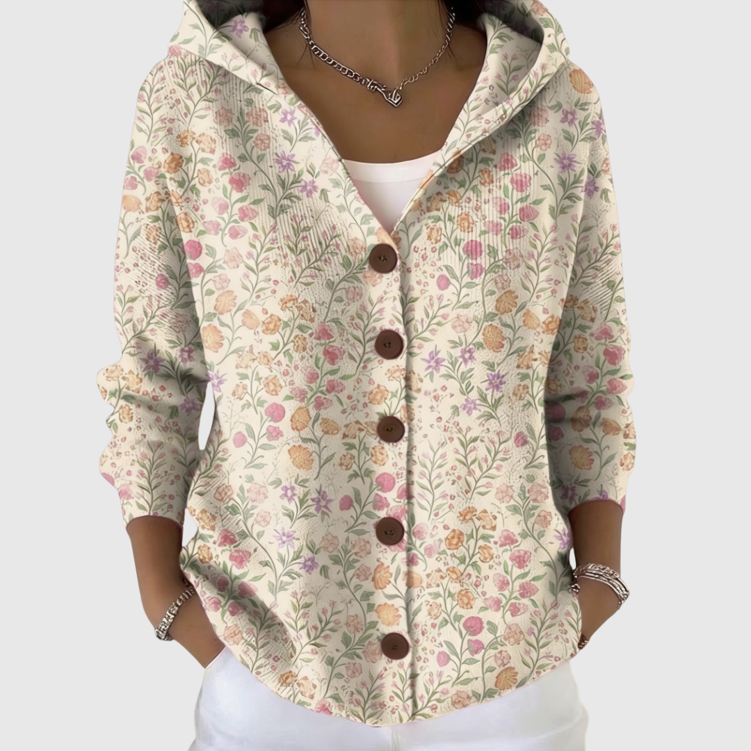 Yvette - Cardigan à capuche crème à fleurs des champs