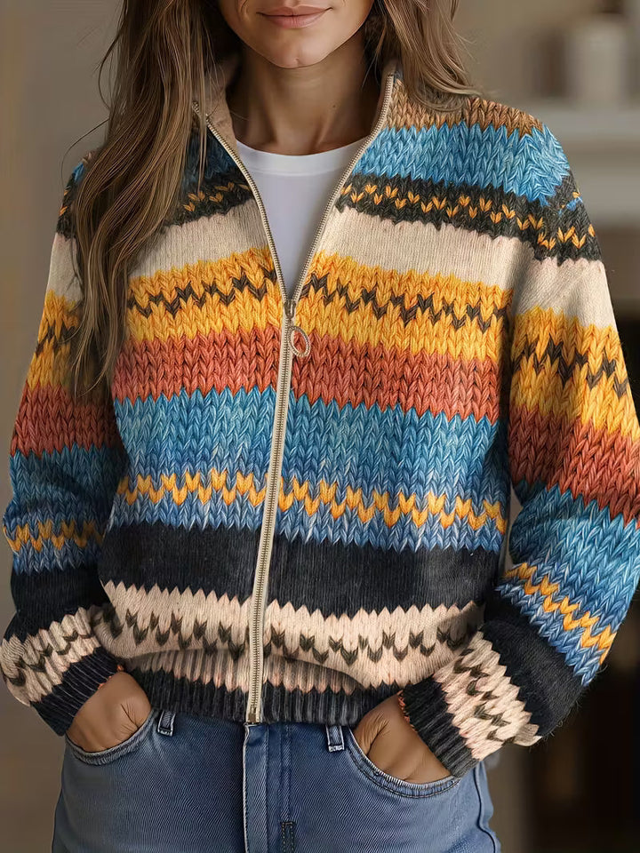 Jenna - Cardigan Tricot Multicolore à Rayures Zigzag