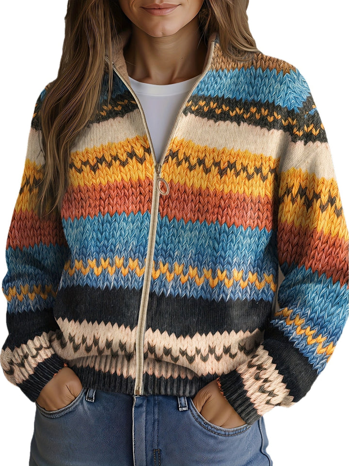 Jenna - Cardigan Tricot Multicolore à Rayures Zigzag