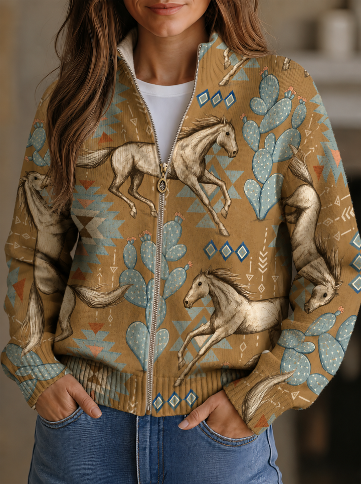 Laurence - Cardigan zippé avec chevaux du désert et cactus