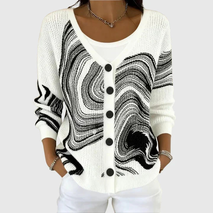 Domitille - Cardigan boutonné blanc à motif marbré