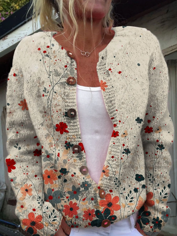 Cardigan Vintage à Imprimé Floral