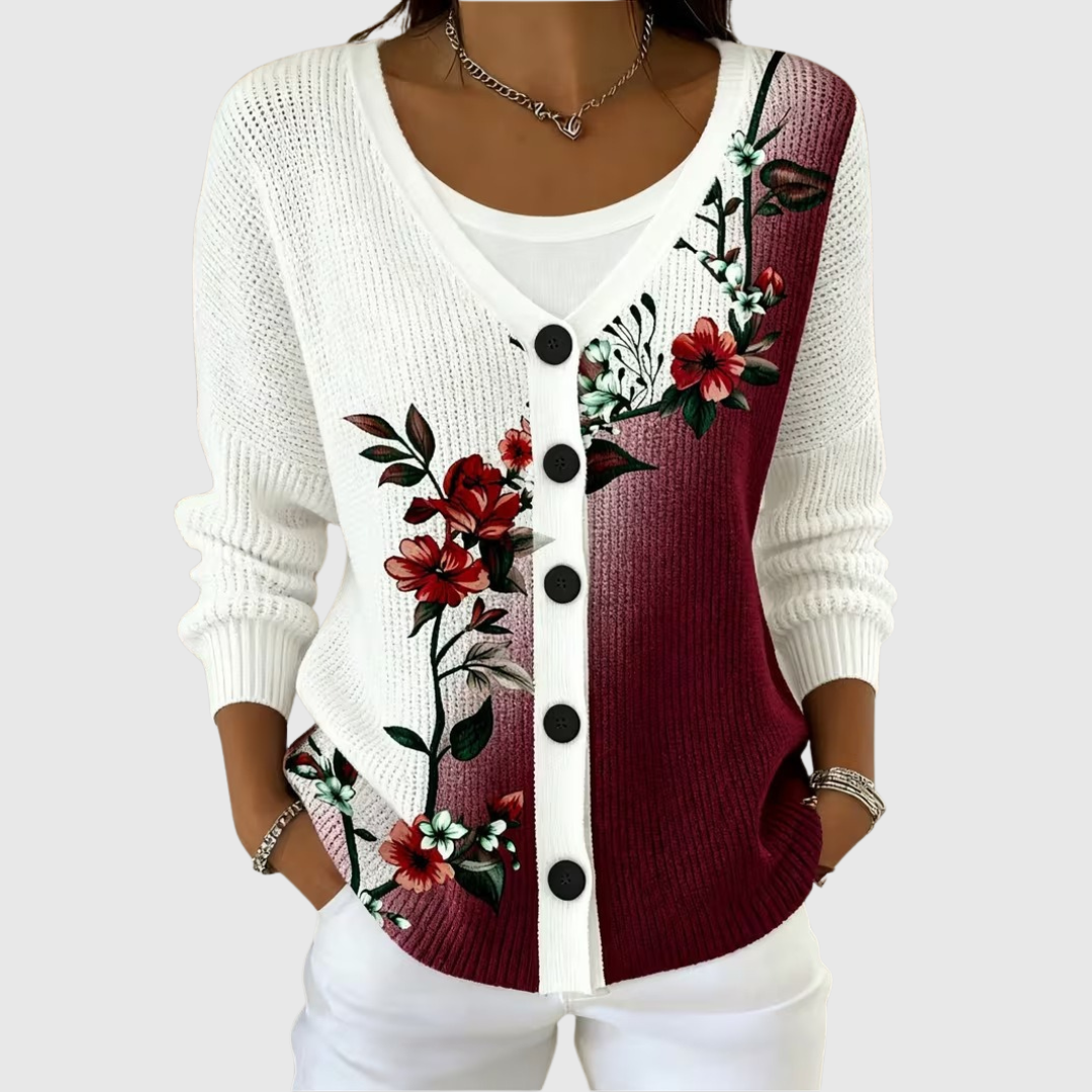 Gisèle - Cardigan boutonné blanc et bordeaux à fleurs rouges