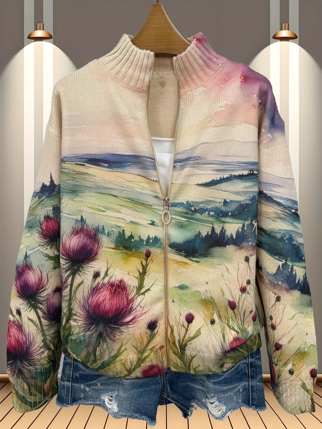 Céline - Cardigan zippé paysage de chardon écossais