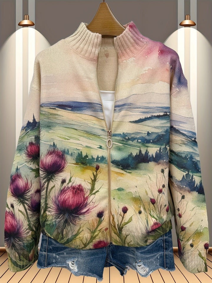 Céline - Cardigan zippé paysage de chardon écossais