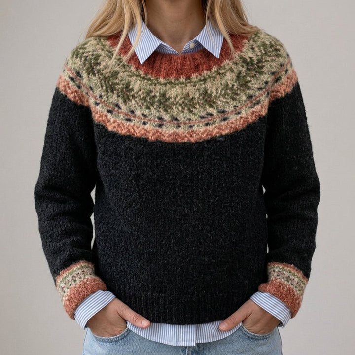 Elveria | Pull vintage noir avec motif norvégien