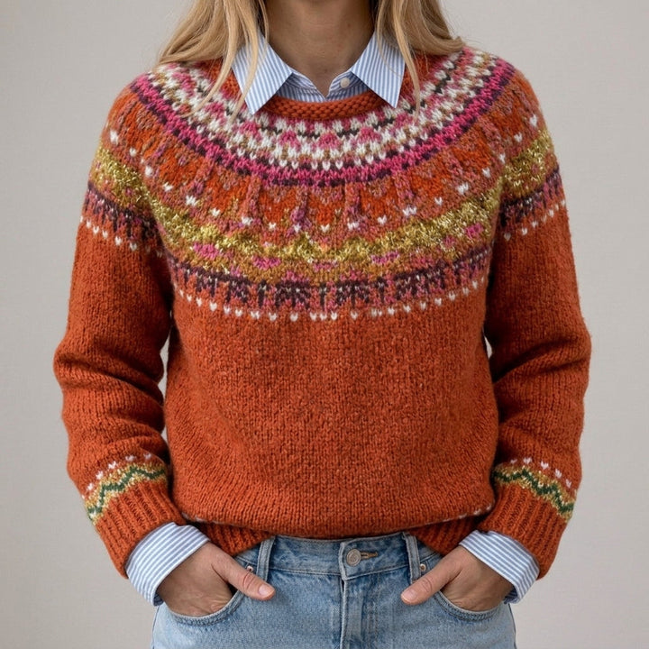 Das Simone | Pull vintage rouge rouille avec motif norvégien