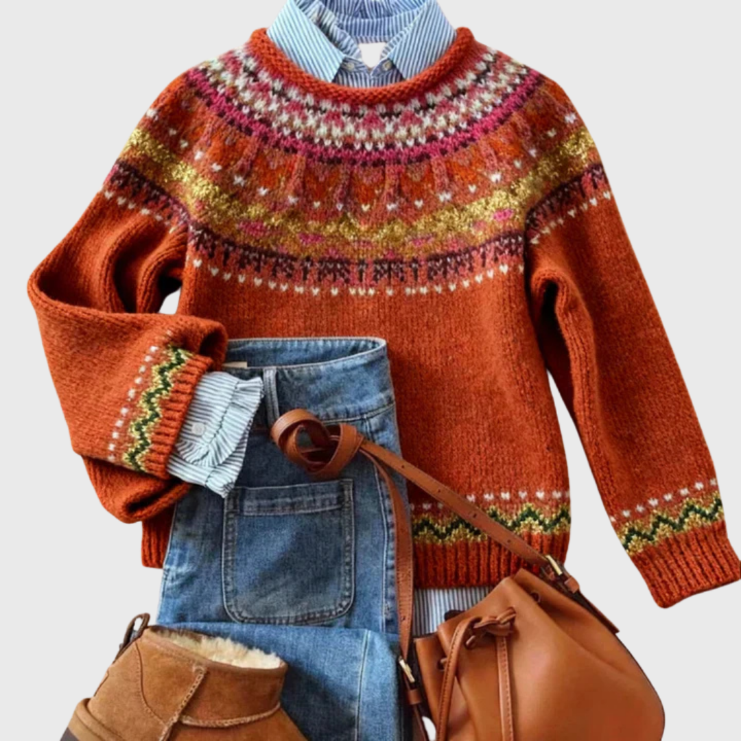 Das Simone | Pull vintage rouge rouille avec motif norvégien