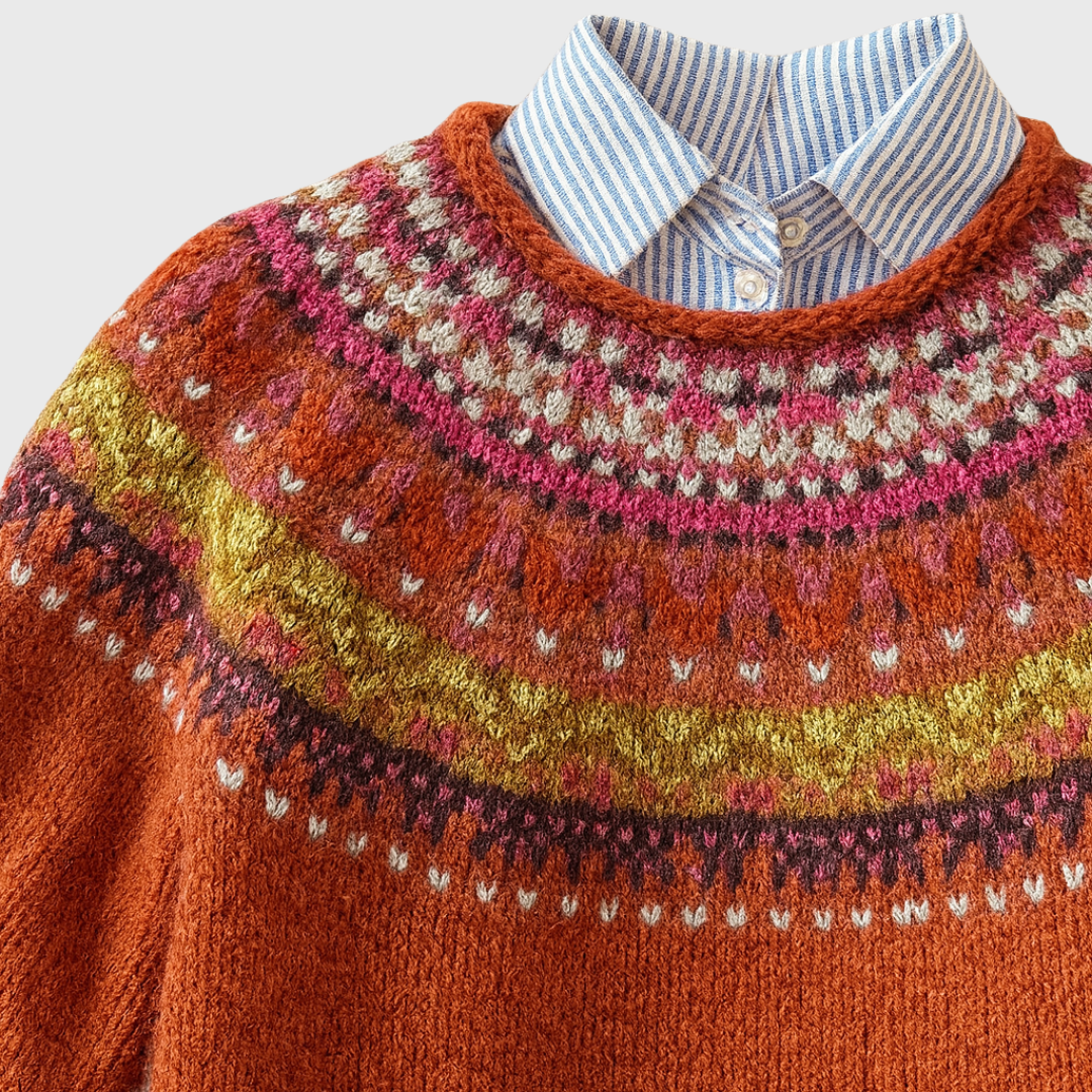 Das Simone | Pull vintage rouge rouille avec motif norvégien