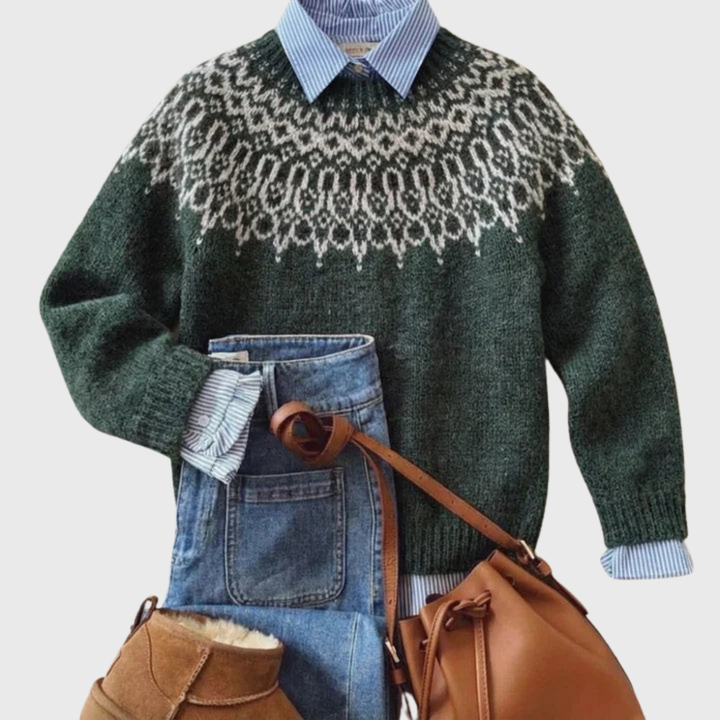 Das Tanja | Pull vintage vert foncé avec motif de flocons de neige