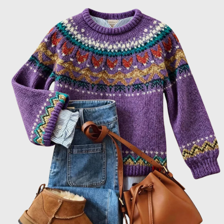 Das Silvia | Pull vintage lilas avec motif norvégien