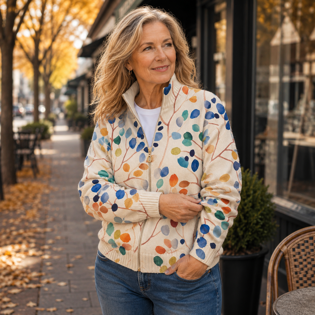 Fiona - Cardigan zippé à motif de feuilles botaniques