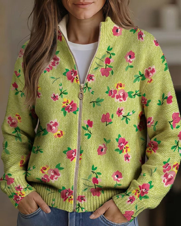 Ludivine - Cardigan zippé lime à fleurs roses