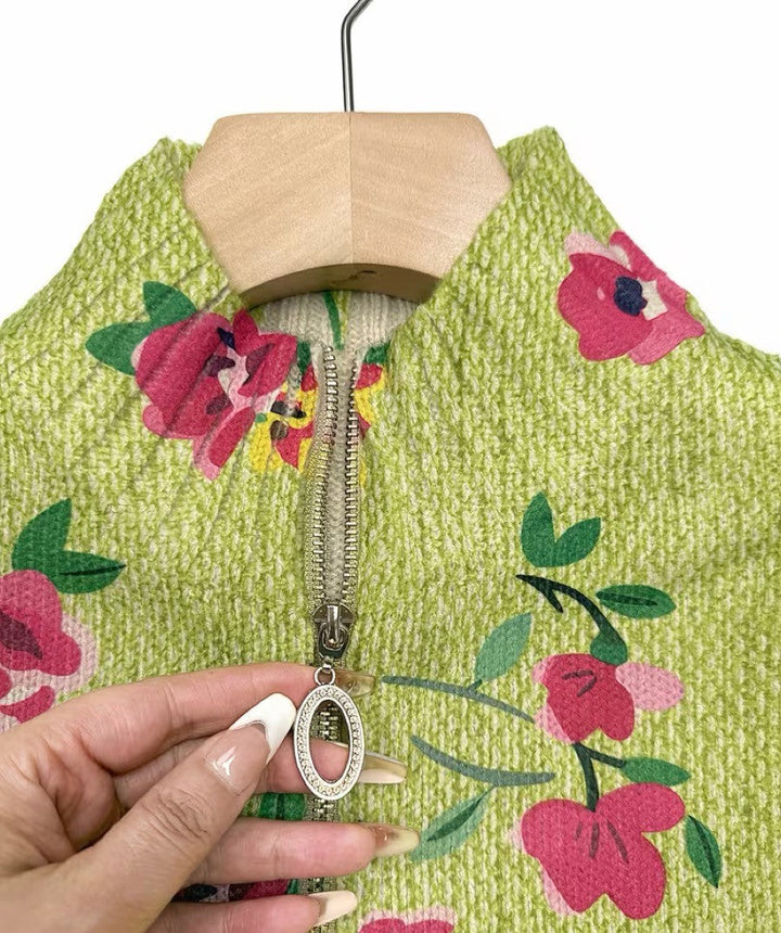 Ludivine - Cardigan zippé lime à fleurs roses