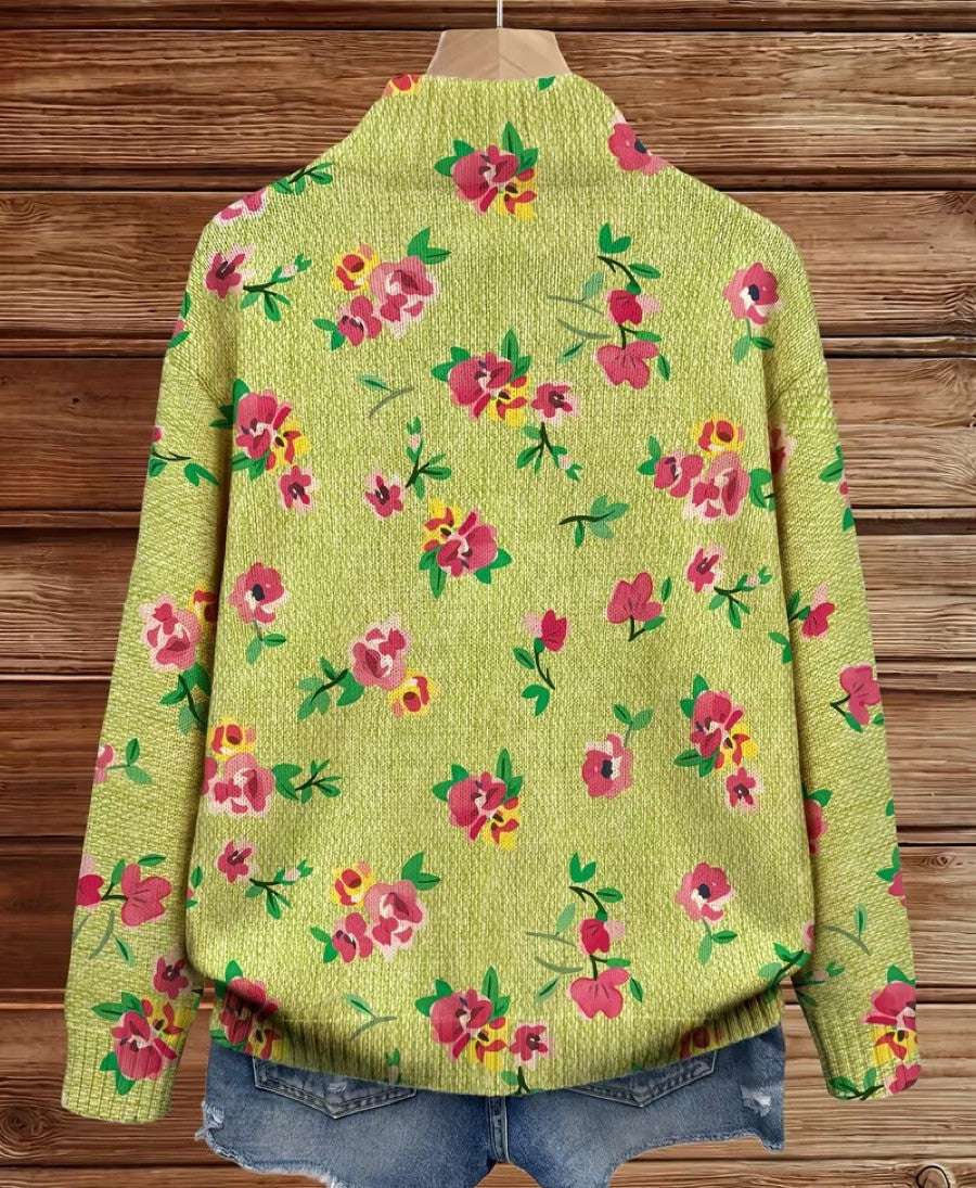 Ludivine - Cardigan zippé lime à fleurs roses
