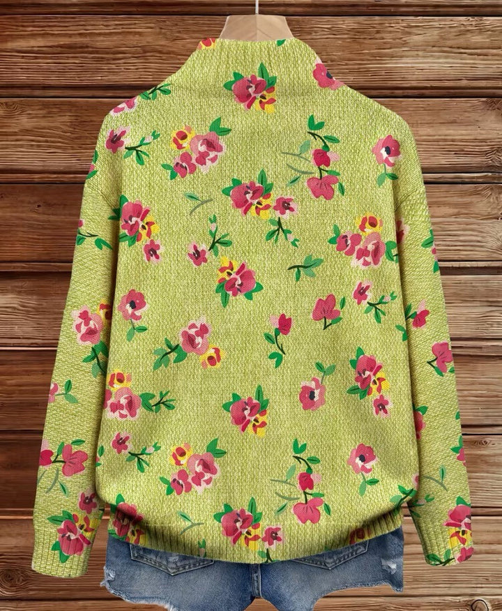 Ludivine - Cardigan zippé lime à fleurs roses