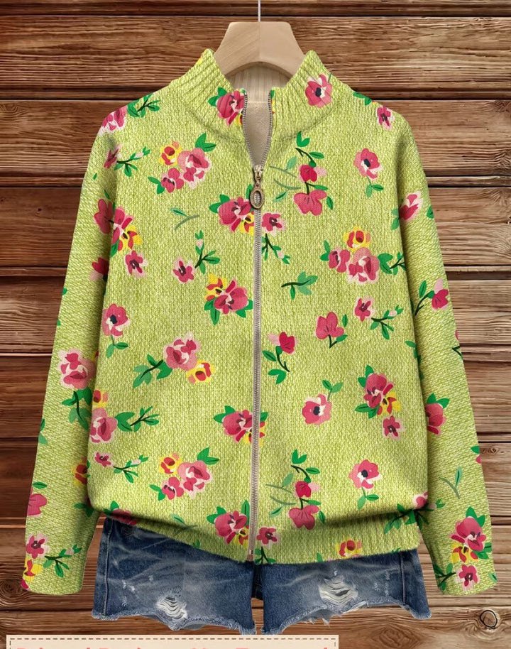 Ludivine - Cardigan zippé lime à fleurs roses
