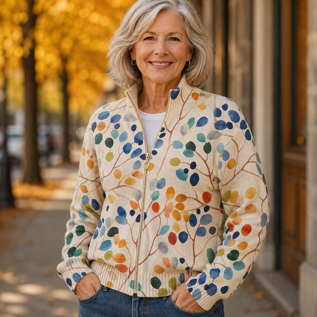 Fiona - Cardigan zippé à motif de feuilles botaniques
