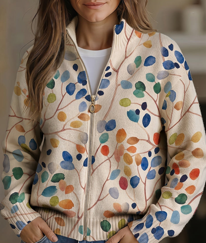 Fiona - Cardigan zippé à motif de feuilles botaniques