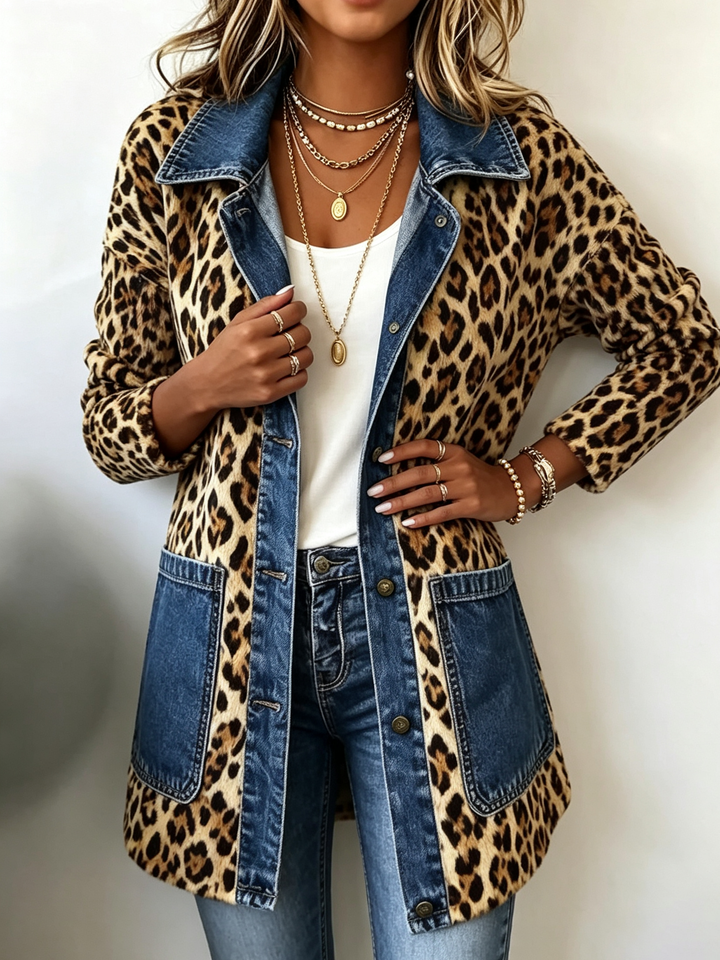 Pauline | Veste Longue à Panneaux en Denim à Imprimé Léopard