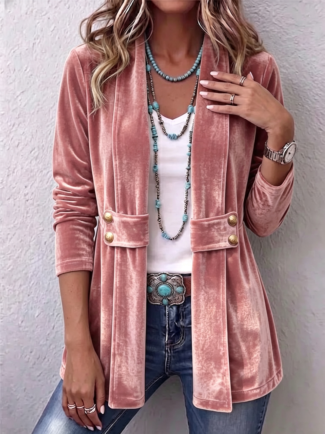 Avery | Veste à manches longues ouverte avec accent bouton vintage