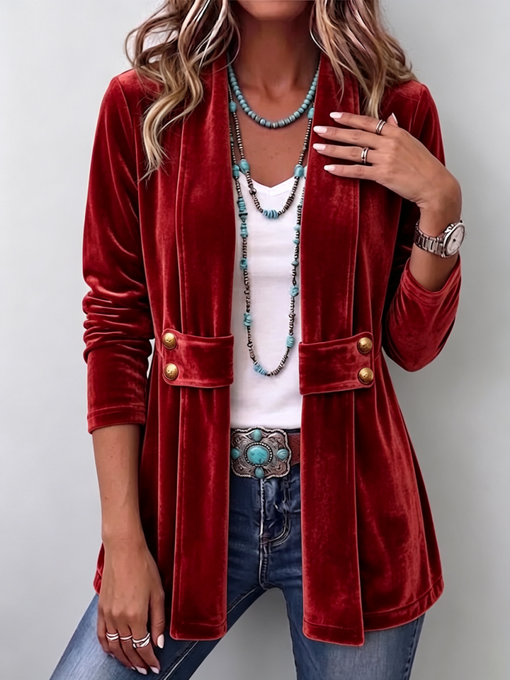 Avery | Veste à manches longues ouverte avec accent bouton vintage