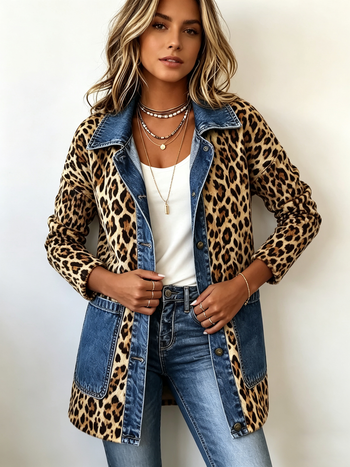 Pauline | Veste Longue à Panneaux en Denim à Imprimé Léopard