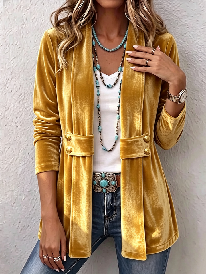 Avery | Veste à manches longues ouverte avec accent bouton vintage