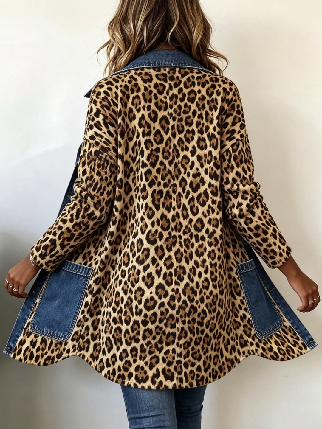 Pauline | Veste Longue à Panneaux en Denim à Imprimé Léopard