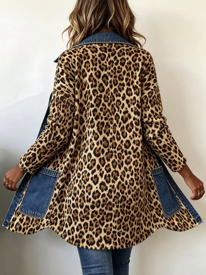 Pauline | Veste Longue à Panneaux en Denim à Imprimé Léopard