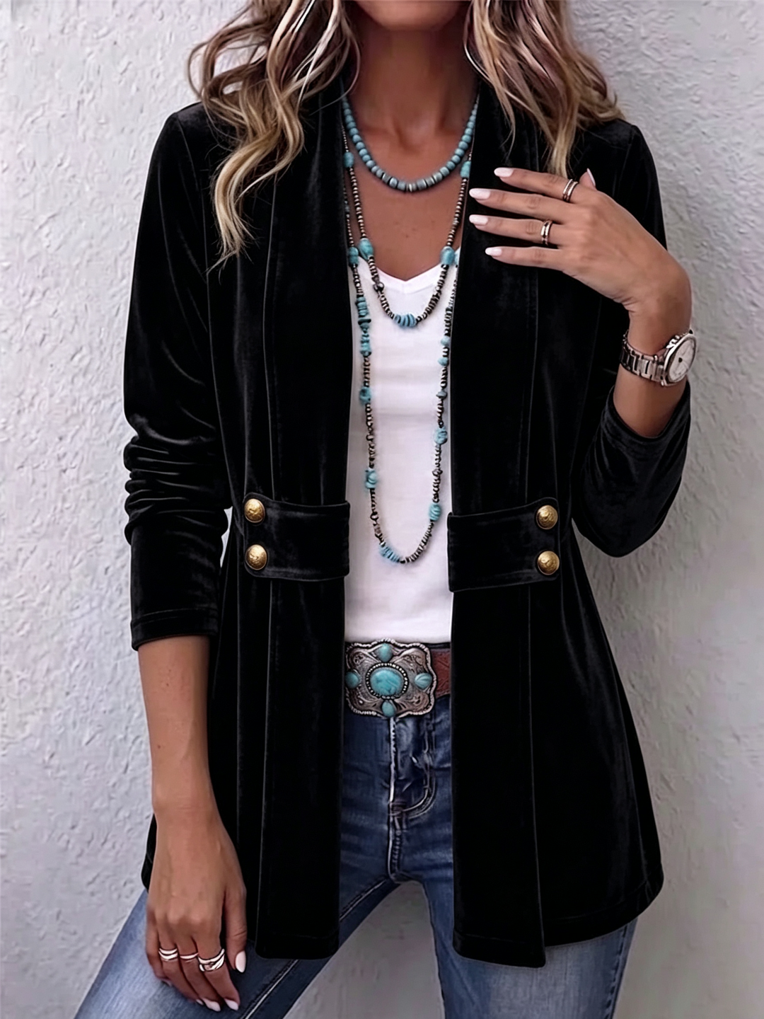 Avery | Veste à manches longues ouverte avec accent bouton vintage
