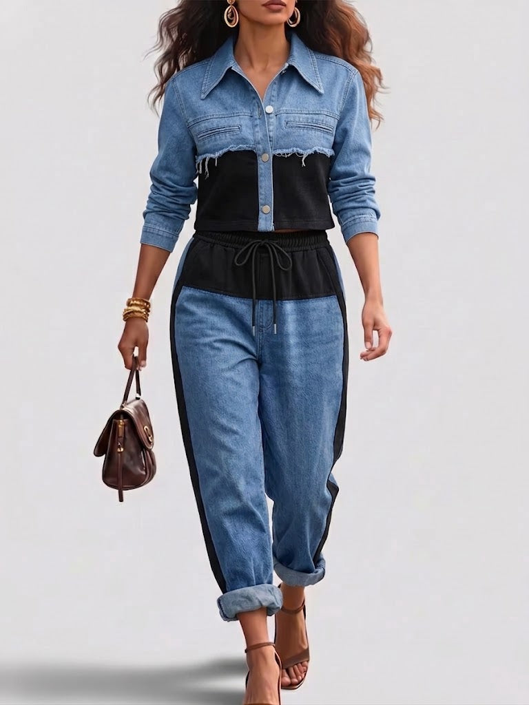 Natalie | Ensemble Veste Croppée à Blocs de Couleur & Pantalon à Jambes Larges