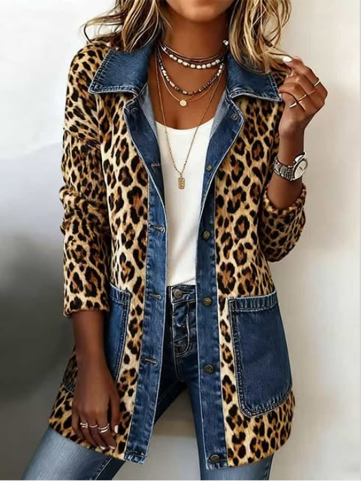 Pauline | Veste Longue à Panneaux en Denim à Imprimé Léopard