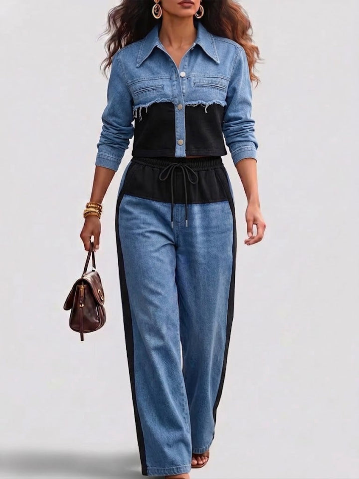 Natalie | Ensemble Veste Croppée à Blocs de Couleur & Pantalon à Jambes Larges